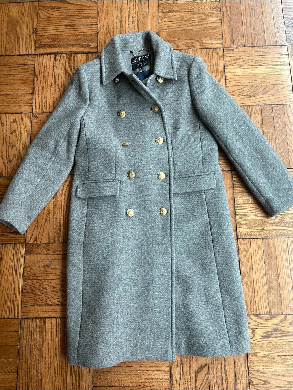 J.Crew Women's Gray Double-Breasted Wool Stadium Cloth Coat with Gold Buttons